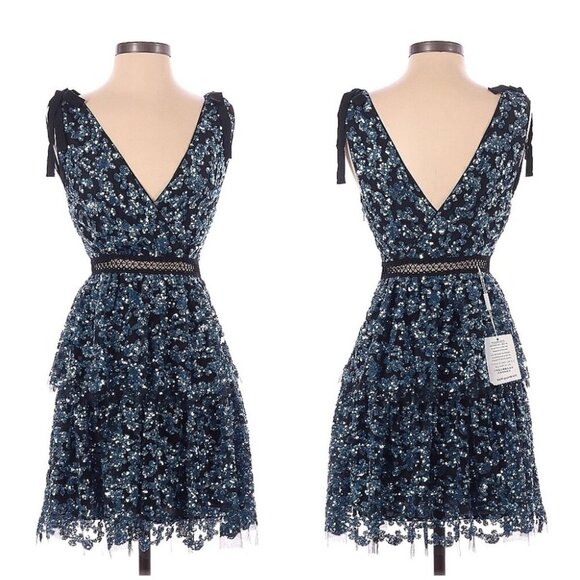 SELF-PORTRAIT openwork detail sequined flounced Tiered mini dress women’s 2 NWT - Picture 4 of 12